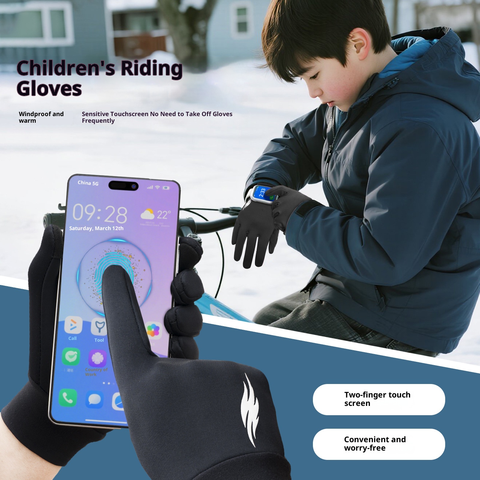 ActiveGo Premium Children's Ski Winter Waterproof Cold-Proof Outdoor Riding Thermal Gloves Fleece-Lined Non-Slip Touchscreen_voghion.com