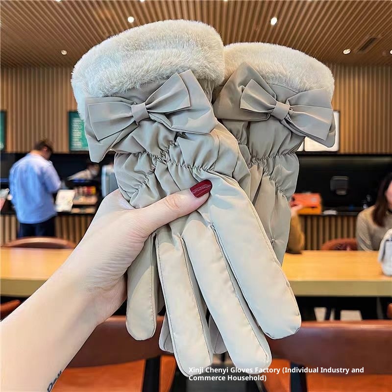 001 Women's Gloves For Cycling, Windproof, Waterproof, Touchscreen, Fleece-lined, Thickened, Electric Bike, Bowknot, Winter_voghion.com