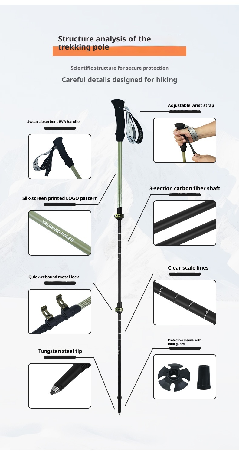 Bastón telescópico ultraligero de fibra de carbono 001 para trekking, de tres secciones, para hombres y mujeres, ideal para senderismo, escalada y actividades al aire libre._voghion.com