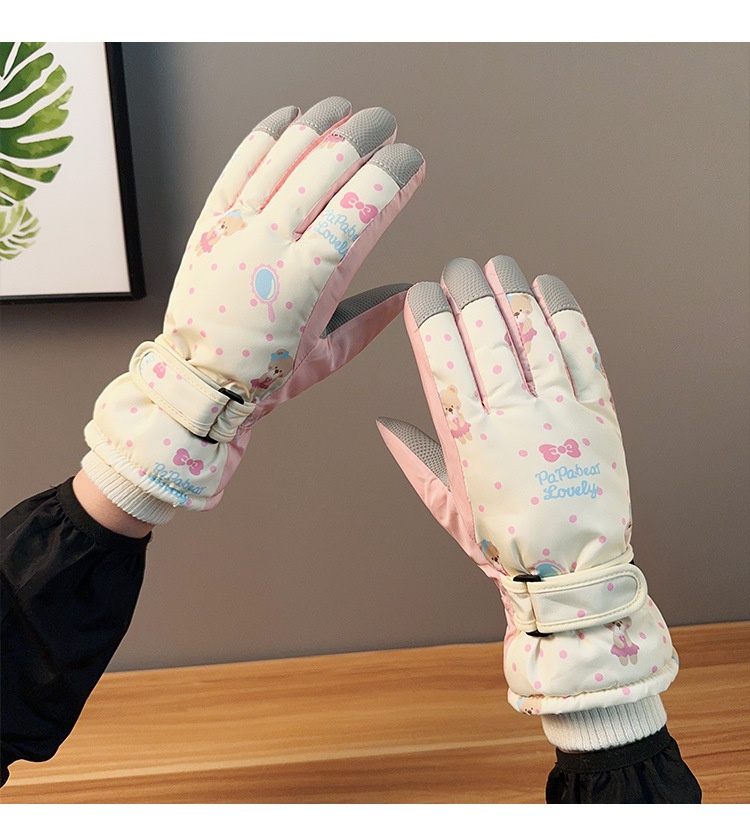 Gants de ski ActiveGo pour femmes, chauds et mignons, motif ours, coupe-vent, imperméables et résistants au froid, doublés en polaire épaisse, pour le cyclisme et les activités de plein air en extérieur. Motif ours mignon._voghion.com