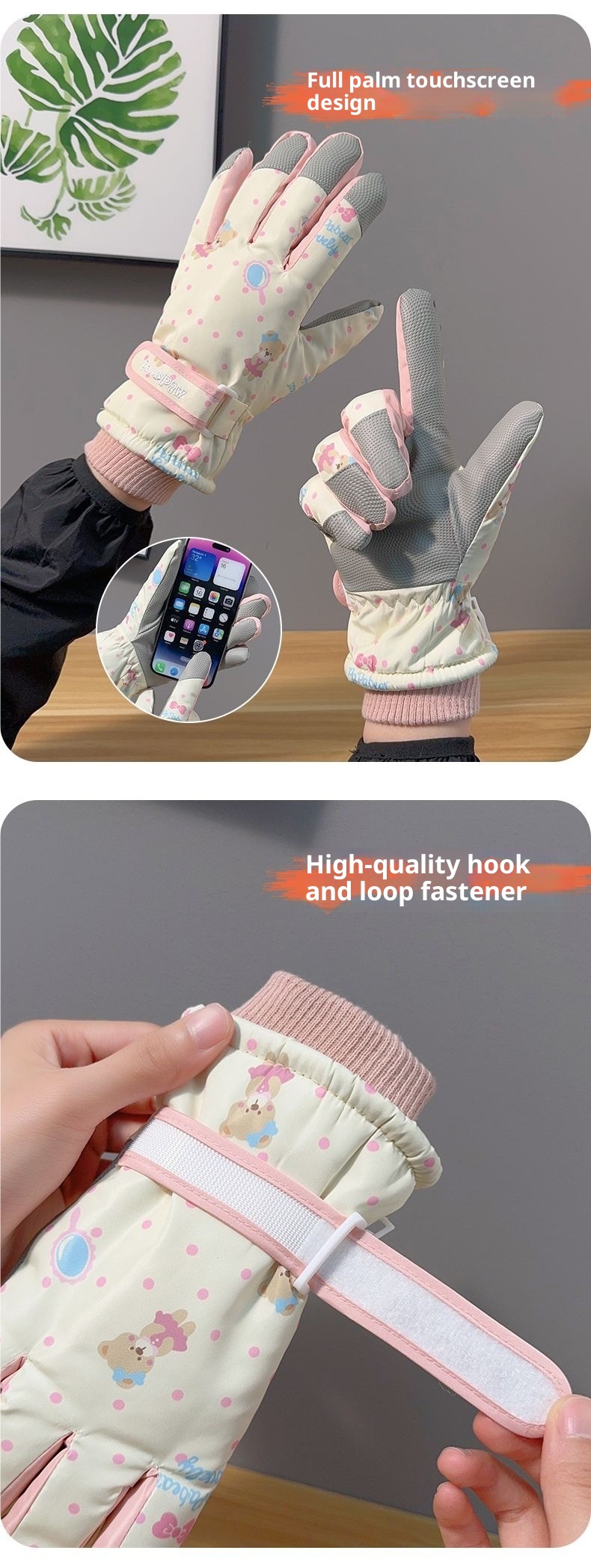 001 Niedliche Bären-Skihandschuhe für Damen, Winter, Baumwolle, warm, kältebeständig, wasserdicht, fleecegefüttert, verdickt, Touchscreen-kompatibel, Radfahren_voghion.com