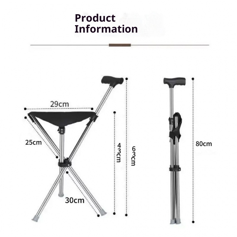001 Faltbarer Trekkingstock aus Edelstahl mit Sitz, multifunktionaler Wanderstock, rutschfest, tragbar, sturzsicher für den Außenbereich_voghion.com