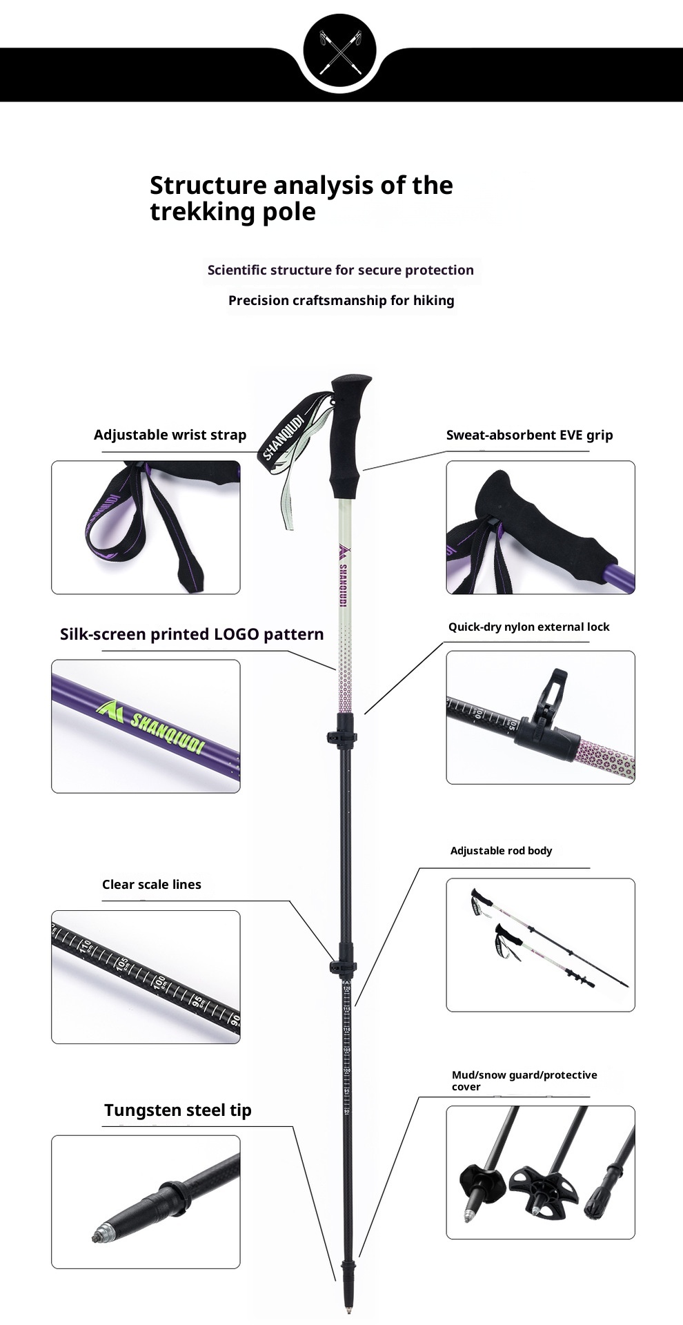 001 Carbon Fiber Trekking Pole Telescopic Three-Section Stick Adjustable Portable Essential Supplies Outdoor Hiking_voghion.com