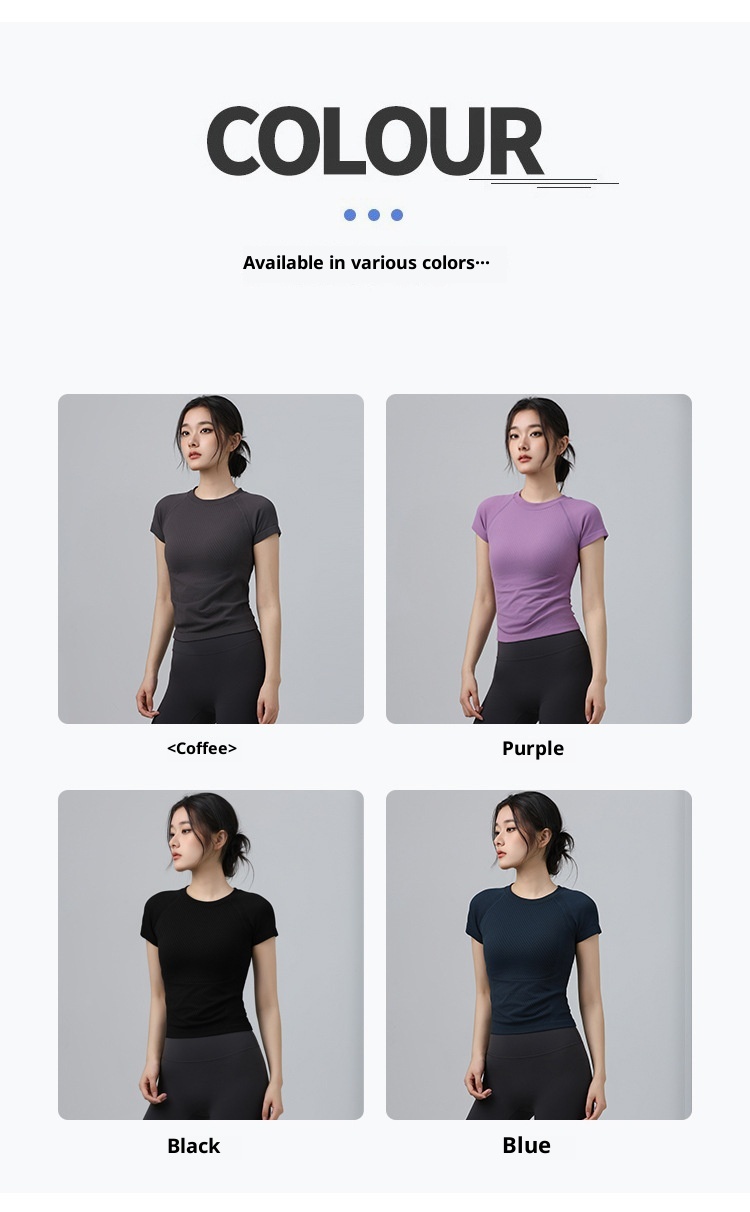 001 Maglietta sportiva da donna, attillata, dimagrante, a maniche corte, con scollo rotondo, traspirante, per corsa e pilates_voghion.com