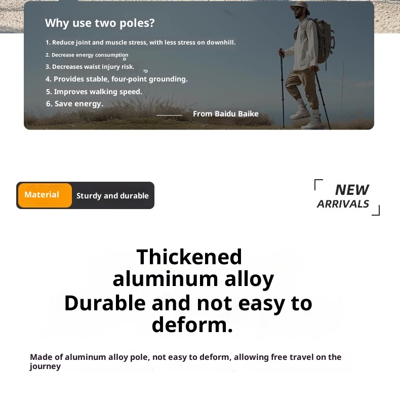 001 Aluminum Alloy Three-Section Straight Handle Trekking Pole Telescopic Walking Stick Professional Outdoor Hiking Cane_voghion.com