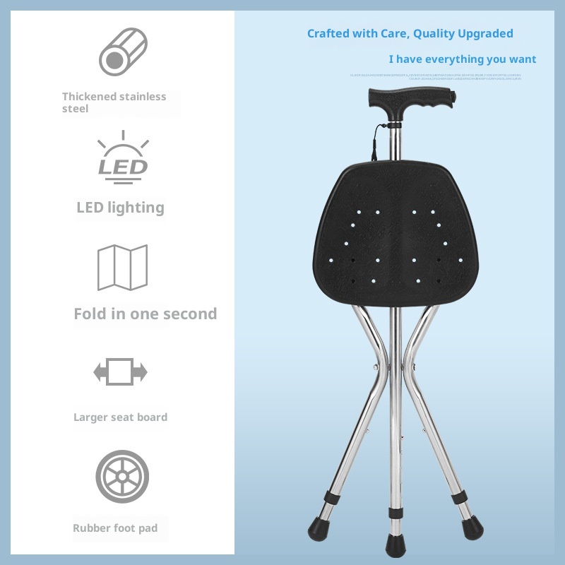 001 Bastone da passeggio portatile per anziani, multifunzionale, con seduta allargata, sgabello in canna, illuminazione in acciaio inossidabile ispessito_voghion.com