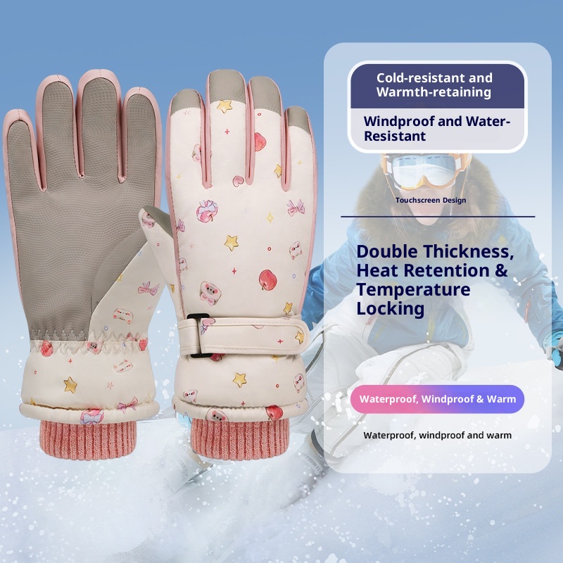 ActiveGo Cute Cat Ski Gloves For Women Winter Split Finger Outdoor Riding Windproof Waterproof Coldproof Fleece Lined Thickened_voghion.com