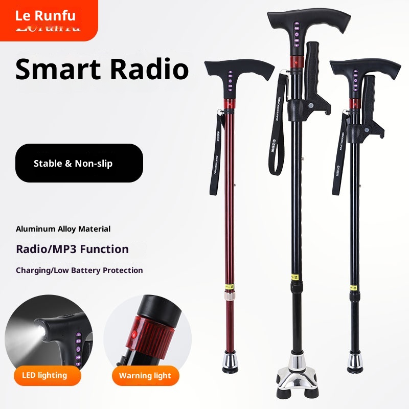001 Multifunctional Smart Radio Elderly, Anti-Slip Telescopic Cane With Light, Aluminum Alloy Walking Stick For Seniors_voghion.com