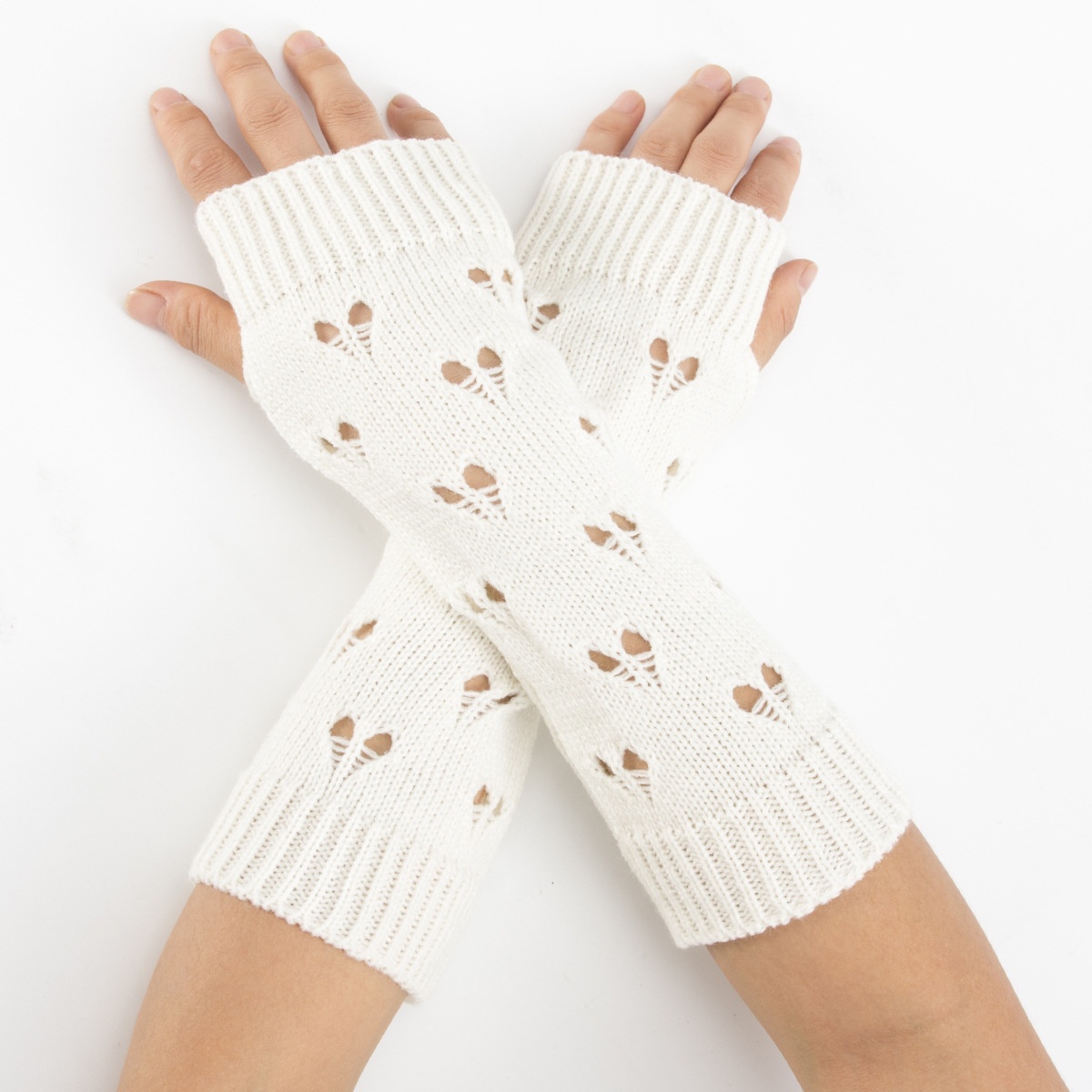 001 Heart-shaped Knitted Gloves Autumn Winter New Style Warm Arm Warmers Mid-length Ski Half-finger Wrist Guards Sleeves_voghion.com