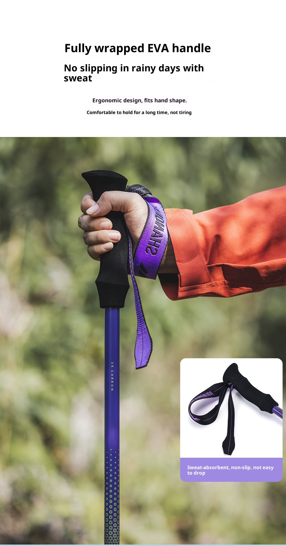 001 Carbon Fiber Trekking Pole Telescopic Three-Section Stick Adjustable Portable Essential Supplies Outdoor Hiking_voghion.com