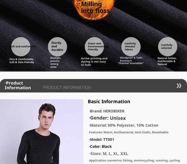 001 HEROBIKER Underwear Set Motorcycle Skiing Tight Long Johns Winter Men's Crew Neck Thermal Top_voghion.com
