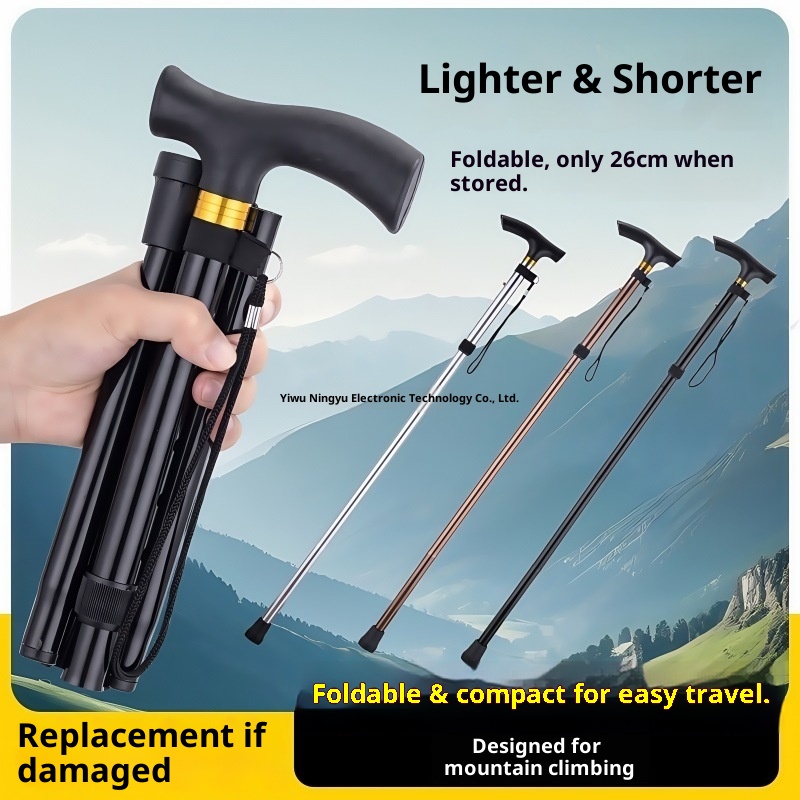 001 Wanderstock, fünfteilig, faltbar, ultrakurz, teleskopierbar, für Damen und Herren, Gummi, ohne Aufdruck_voghion.com