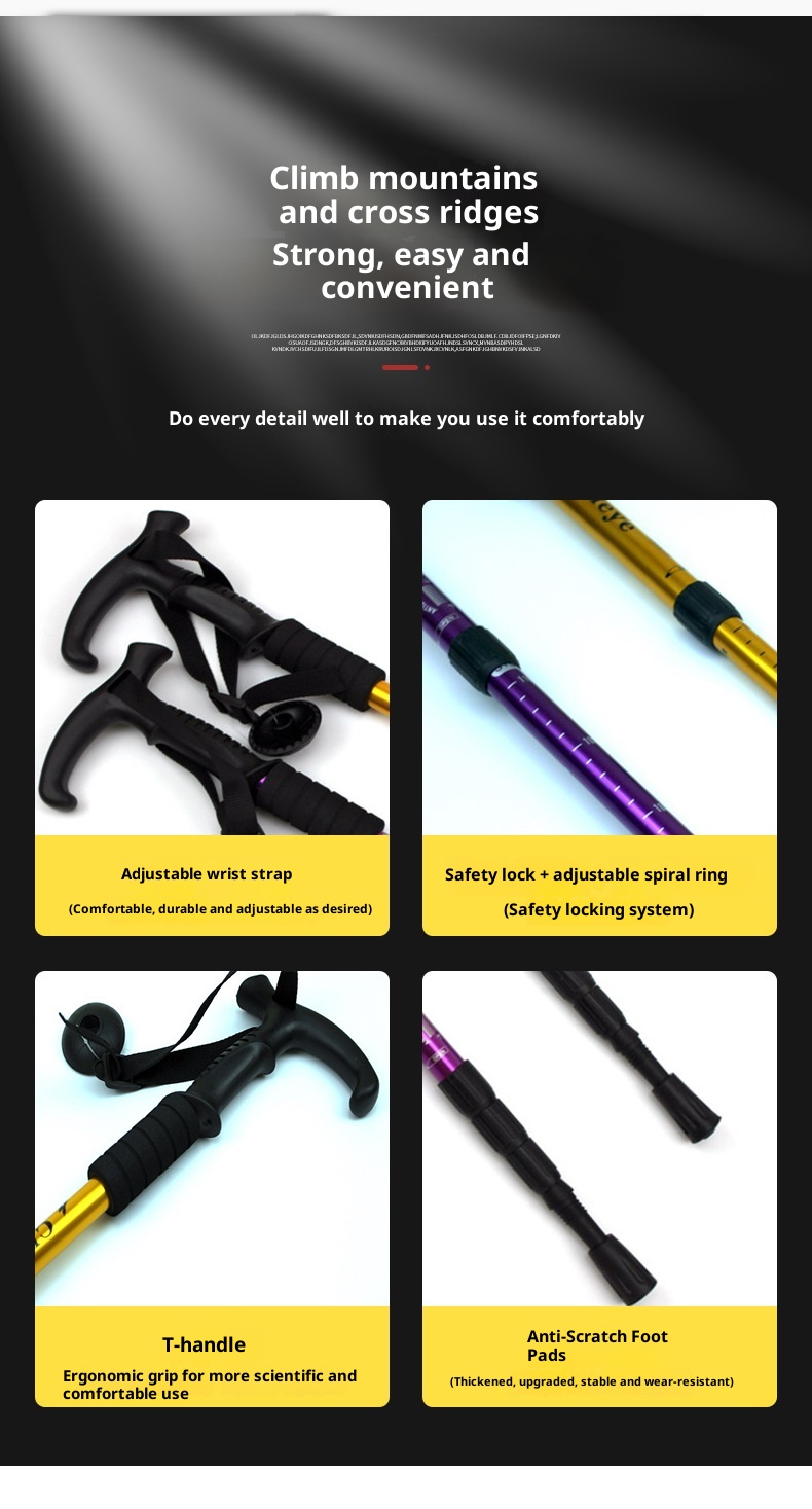 001 Bastone da passeggio per escursioni all'aperto e viaggi, personalizzato, in lega di alluminio leggera, con impugnatura a T, ammortizzante, a quattro sezioni_voghion.com