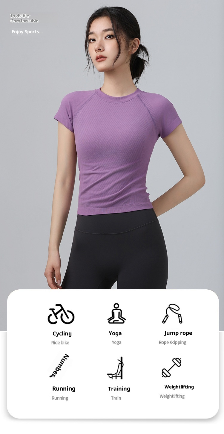 001 Maglietta sportiva da donna, attillata, dimagrante, a maniche corte, con scollo rotondo, traspirante, per corsa e pilates_voghion.com