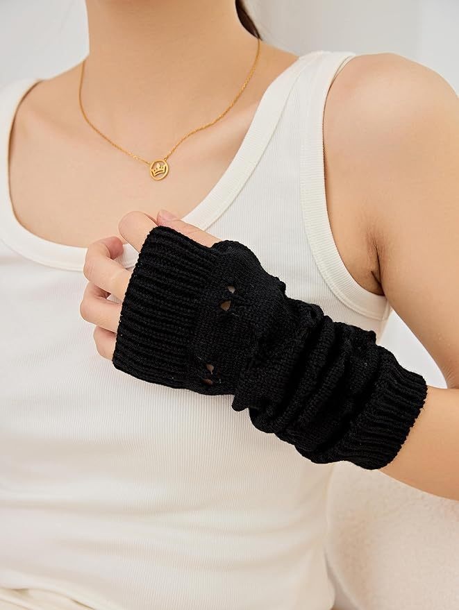 001 Heart-shaped Knitted Gloves Autumn Winter New Style Warm Arm Warmers Mid-length Ski Half-finger Wrist Guards Sleeves_voghion.com