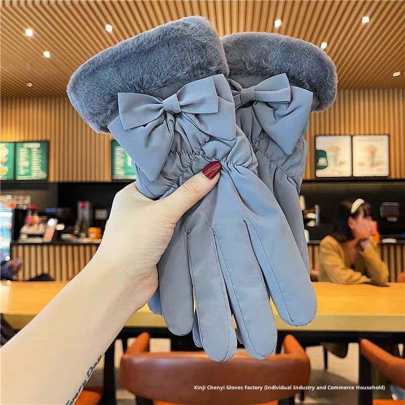 001 Women's Gloves For Cycling, Windproof, Waterproof, Touchscreen, Fleece-lined, Thickened, Electric Bike, Bowknot, Winter_voghion.com