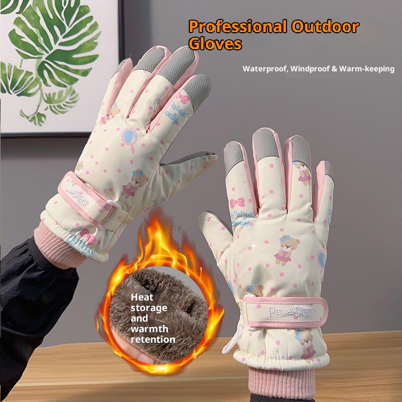 001 Niedliche Bären-Skihandschuhe für Damen, Winter, Baumwolle, warm, kältebeständig, wasserdicht, fleecegefüttert, verdickt, Touchscreen-kompatibel, Radfahren_voghion.com