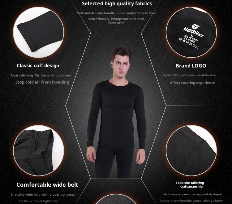 001 HEROBIKER Underwear Set Motorcycle Skiing Tight Long Johns Winter Men's Crew Neck Thermal Top_voghion.com