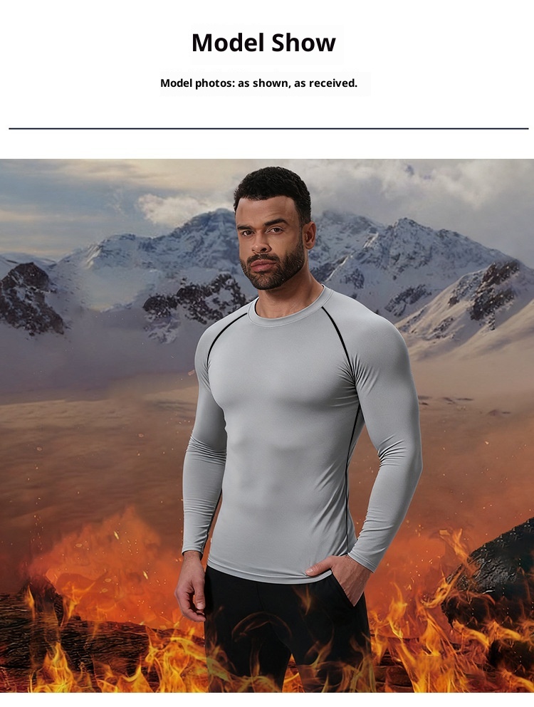 001 Completo sportivo foderato in pile per uomo, autunno inverno, per attività all'aperto, sci, corsa, asciugatura rapida, strato di base termico attillato_voghion.com