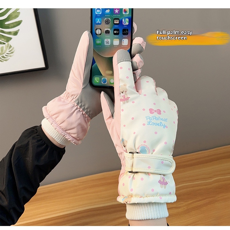 Gants de ski ActiveGo pour femmes, chauds et mignons, motif ours, coupe-vent, imperméables et résistants au froid, doublés en polaire épaisse, pour le cyclisme et les activités de plein air en extérieur. Motif ours mignon._voghion.com