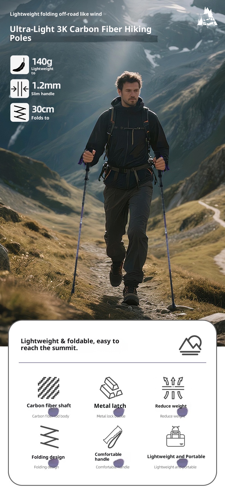 Bâtons de randonnée professionnels pliables et télescopiques 001 3K, ultra-légers, en fibre de carbone, pour le trail et la course à pied. Verrouillage externe._voghion.com