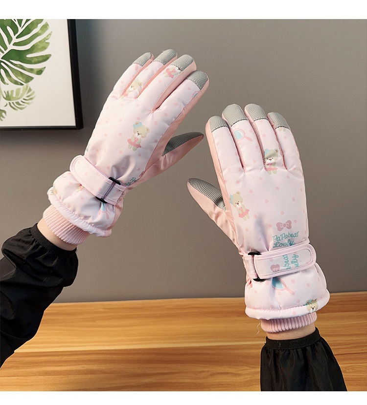 Gants de ski ActiveGo pour femmes, chauds et mignons, motif ours, coupe-vent, imperméables et résistants au froid, doublés en polaire épaisse, pour le cyclisme et les activités de plein air en extérieur. Motif ours mignon._voghion.com