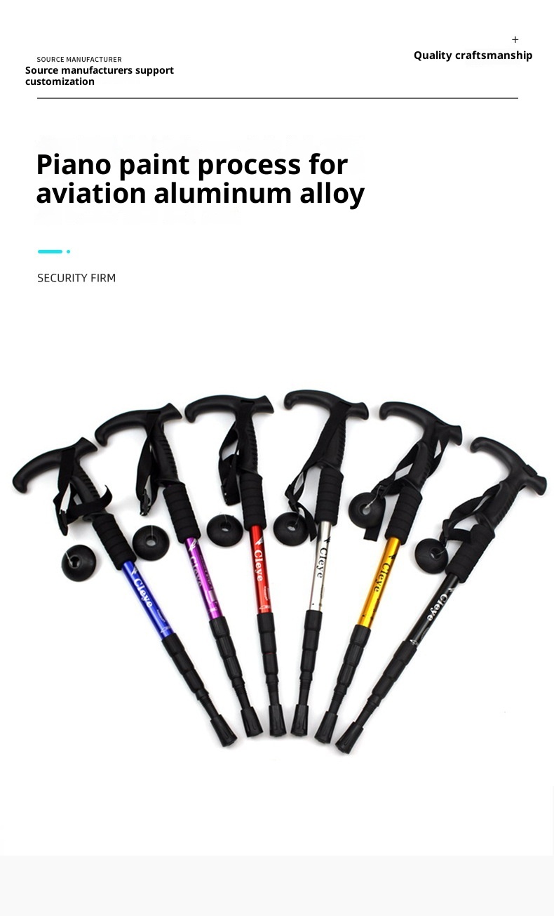 001 Bastone da passeggio per escursioni all'aperto e viaggi, personalizzato, in lega di alluminio leggera, con impugnatura a T, ammortizzante, a quattro sezioni_voghion.com