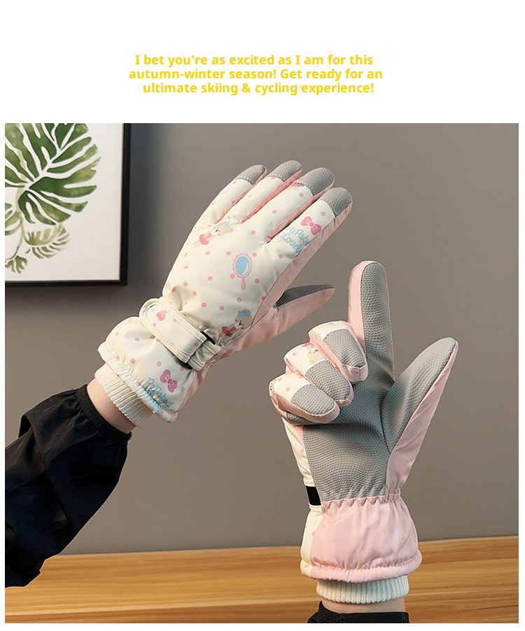 Gants de ski ActiveGo pour femmes, chauds et mignons, motif ours, coupe-vent, imperméables et résistants au froid, doublés en polaire épaisse, pour le cyclisme et les activités de plein air en extérieur. Motif ours mignon._voghion.com