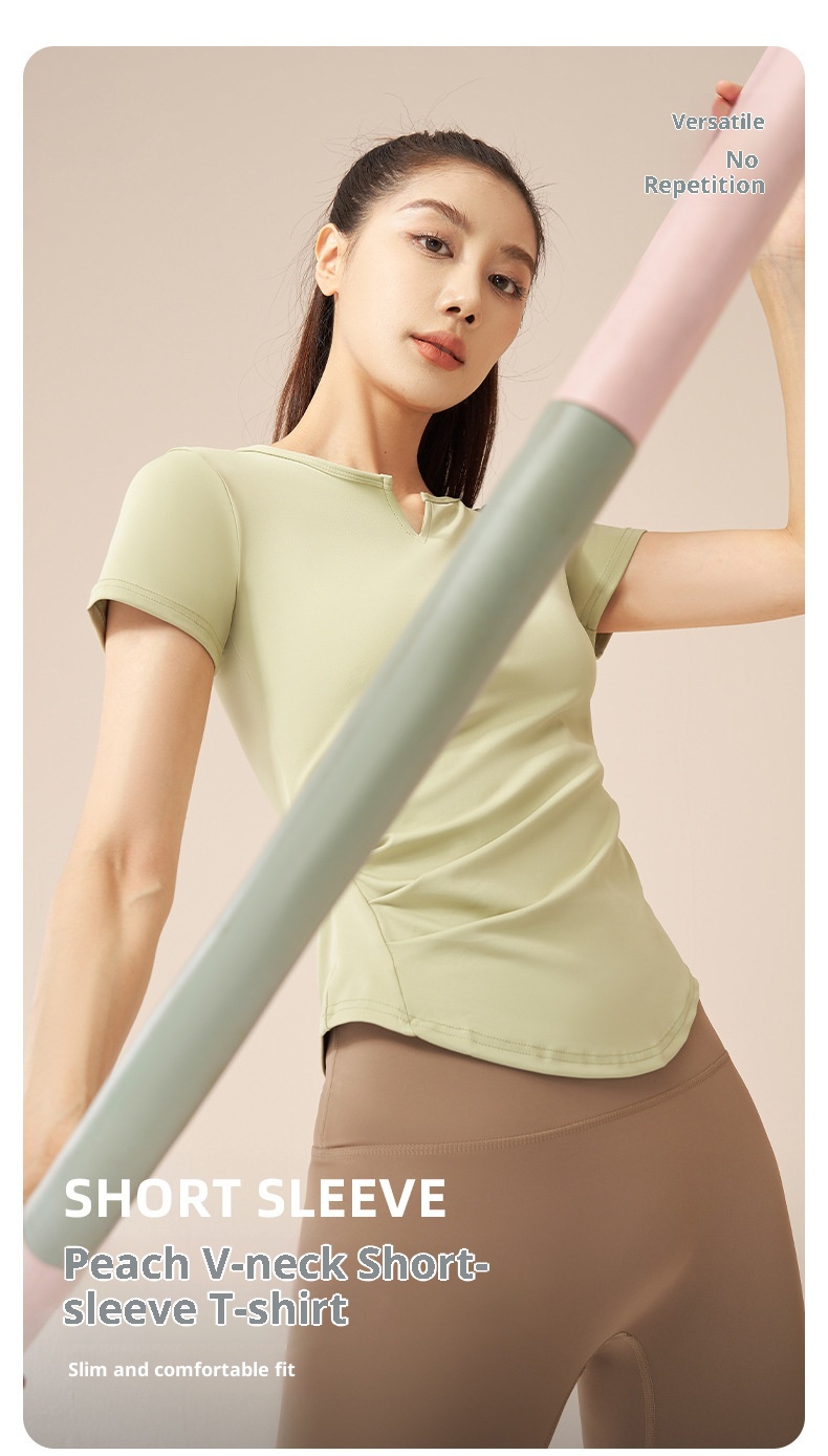 001 Juyitang Top sportivo da corsa da donna, con scollo a V, a maniche corte, ad asciugatura rapida, con arricciature, stile fitness, quasi invisibile_voghion.com