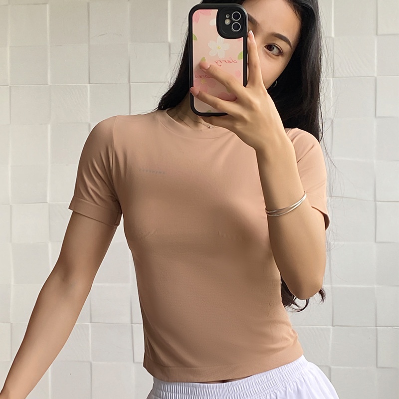 Camiseta deportiva corta de cuello redondo para correr, entrenar y yoga, de media manga, ideal para mujeres de Internet, de secado rápido._voghion.com