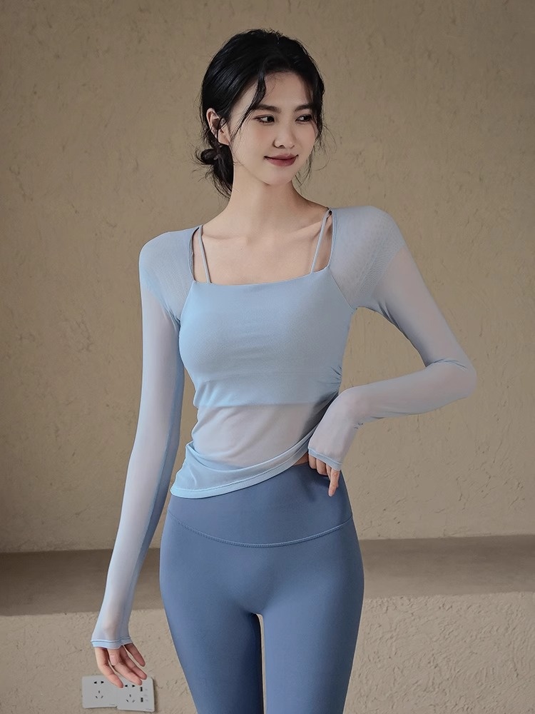 001 Yoga Clothes With Chest Pads Fo Women, Mesh Splicing, Quick-dy Spots Top, High-end Feel, Pilates Taining Fitness_voghion.com