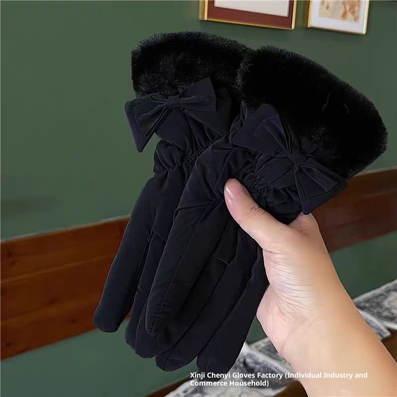 001 Women's Gloves For Cycling, Windproof, Waterproof, Touchscreen, Fleece-lined, Thickened, Electric Bike, Bowknot, Winter_voghion.com