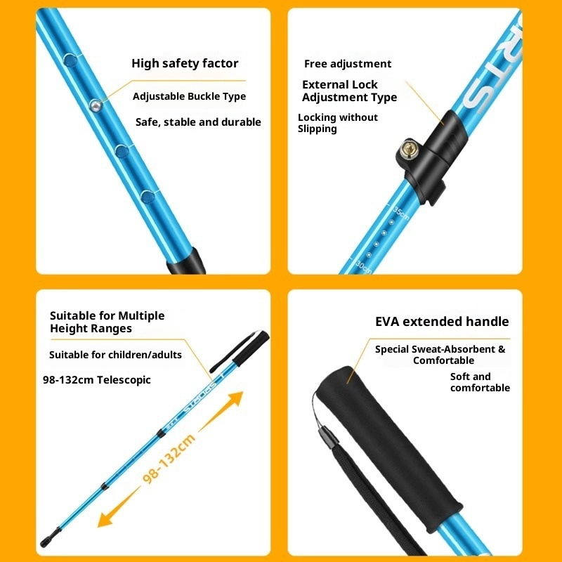 001 Aluminum Alloy Three-Section Straight Handle Trekking Pole Telescopic Walking Stick Professional Outdoor Hiking Cane_voghion.com