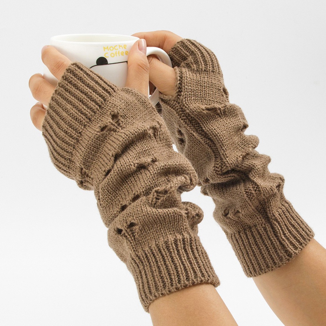 001 Heart-shaped Knitted Gloves Autumn Winter New Style Warm Arm Warmers Mid-length Ski Half-finger Wrist Guards Sleeves_voghion.com