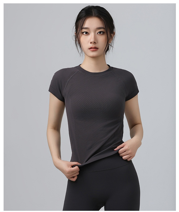 001 Maglietta sportiva da donna, attillata, dimagrante, a maniche corte, con scollo rotondo, traspirante, per corsa e pilates_voghion.com