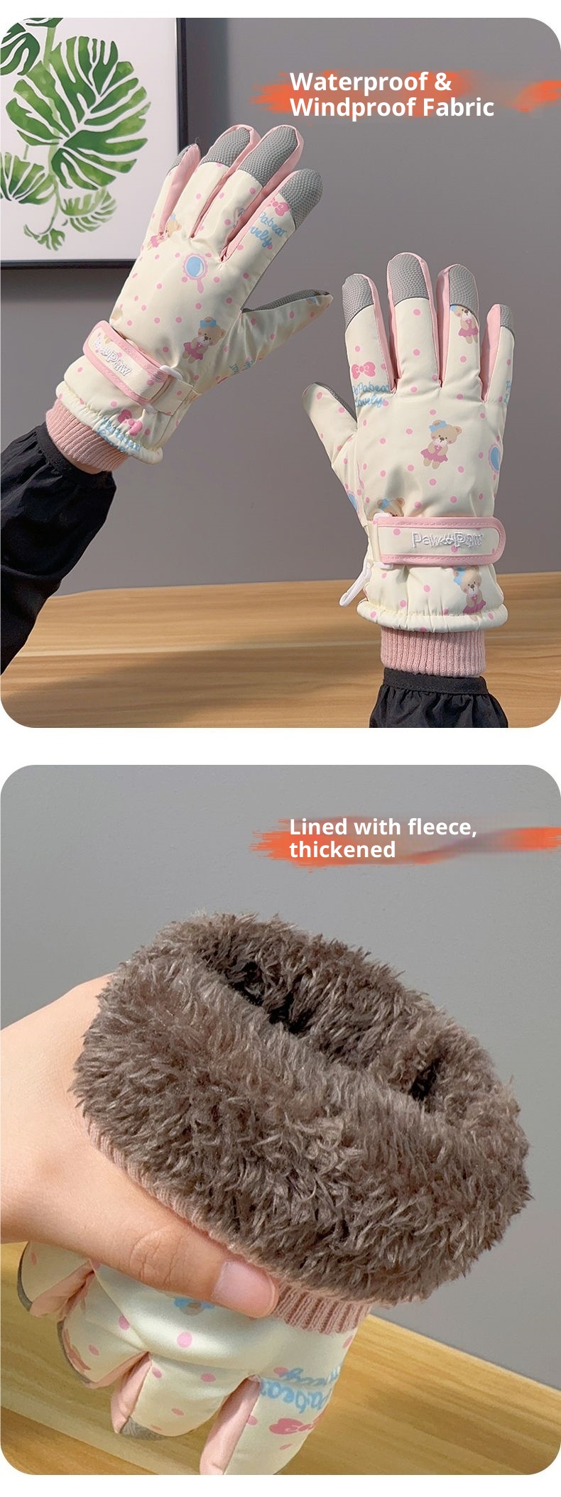 001 Niedliche Bären-Skihandschuhe für Damen, Winter, Baumwolle, warm, kältebeständig, wasserdicht, fleecegefüttert, verdickt, Touchscreen-kompatibel, Radfahren_voghion.com