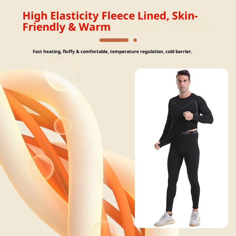 001 Fleece-Lined Thermal Underwear For Men, Round Neck Layer, Sports Outdoor Skiing Base Shirt, Fitness Quick-Dry Set_voghion.com