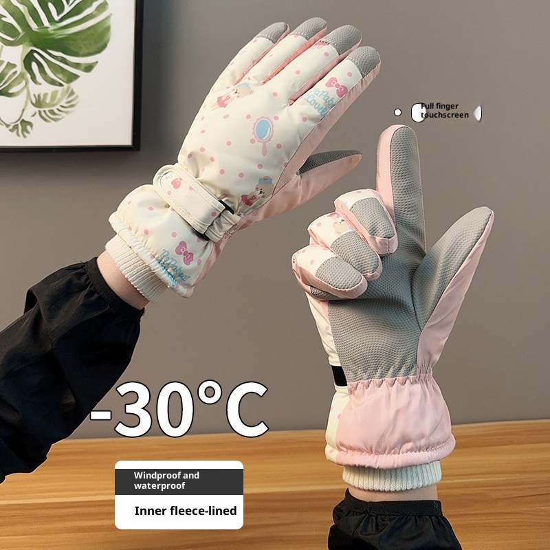 001 Warm Cute Bear Ski Gloves For Women Winter Outdoor Cycling Windproof Coldproof Fleece Lined Thickened Free Shipping_voghion.com