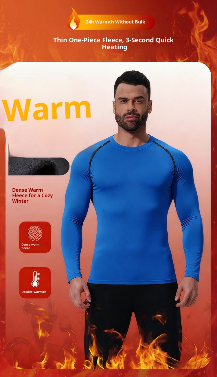 001 Completo sportivo foderato in pile per uomo, autunno inverno, per attività all'aperto, sci, corsa, asciugatura rapida, strato di base termico attillato_voghion.com