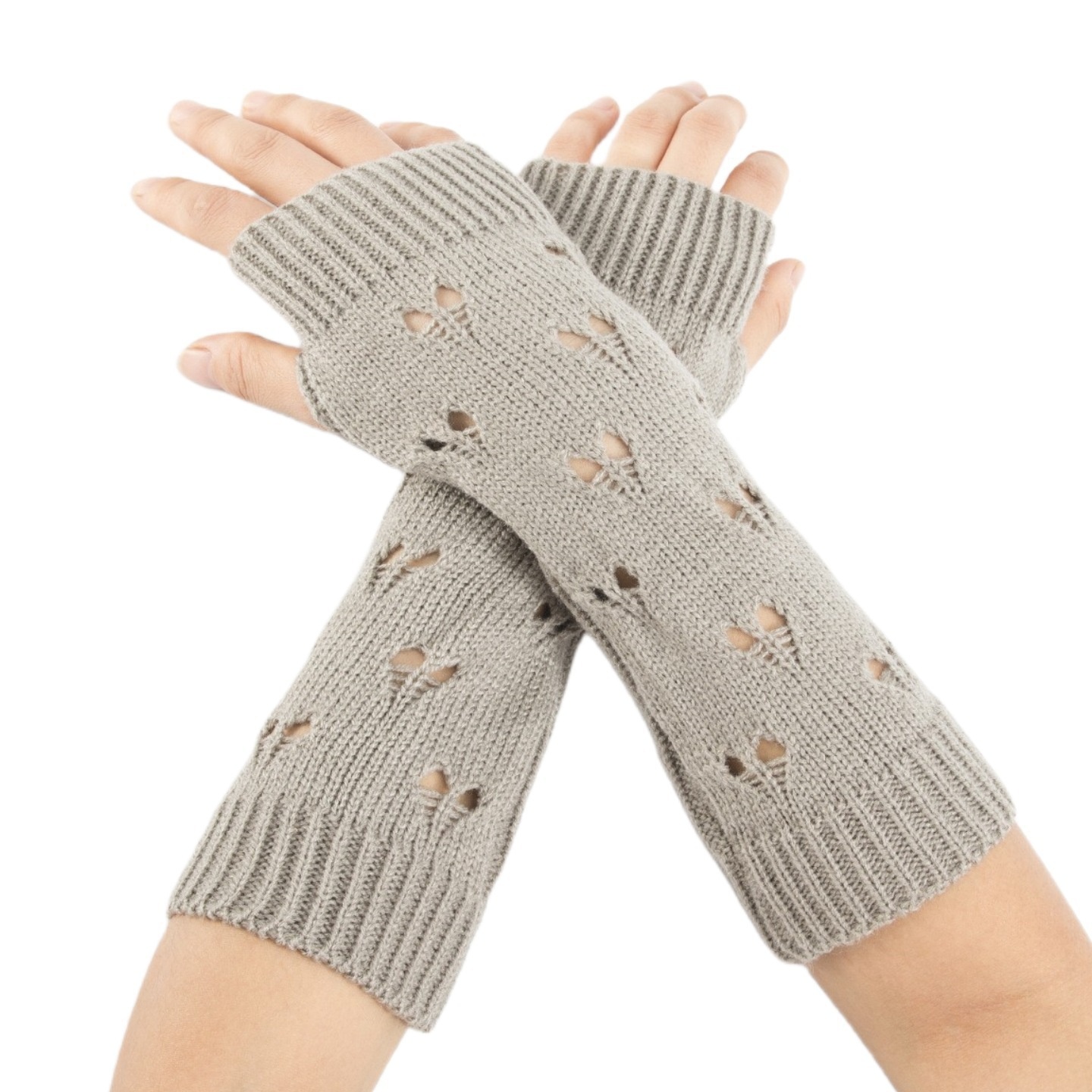 001 Heart-shaped Knitted Gloves Autumn Winter New Style Warm Arm Warmers Mid-length Ski Half-finger Wrist Guards Sleeves_voghion.com