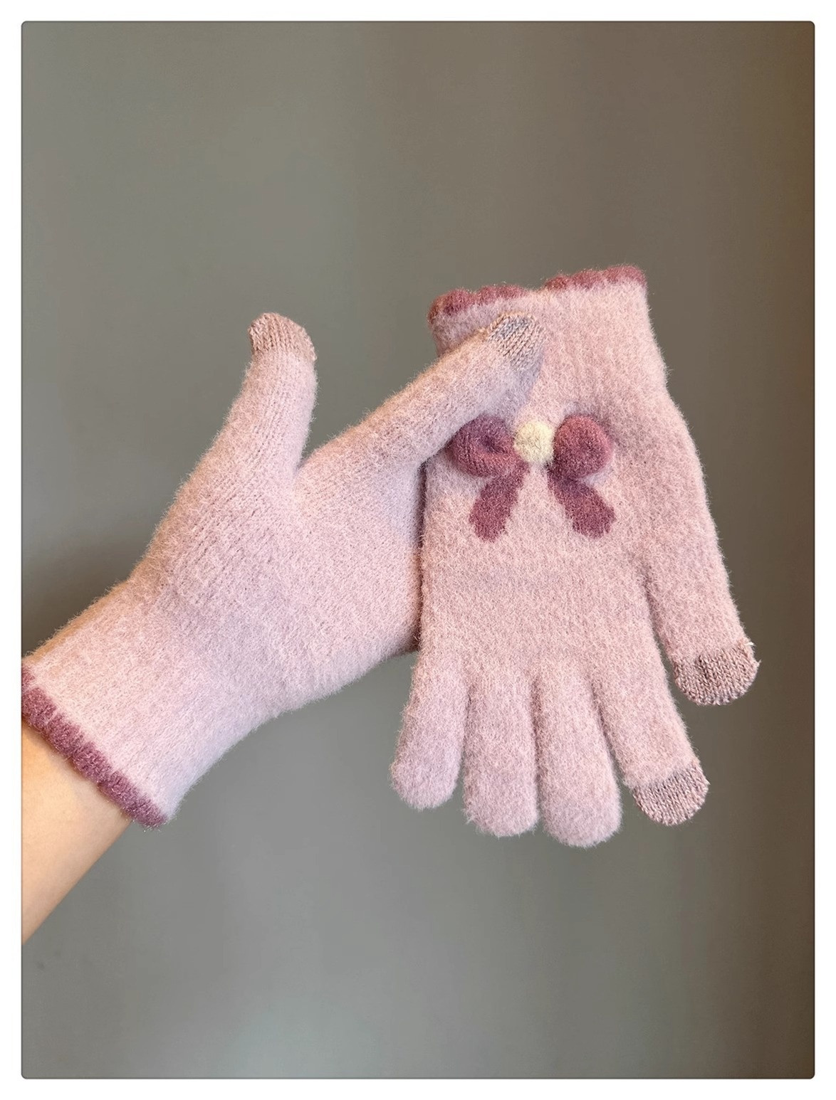 001 Frostschutz-Handschuhe für Damen, Winter, Fleece-gefüttert, warm, Touchscreen-fähig, fingerlos, Fahrradhandschuhe, gestrickt, Schleife, Plüsch, Seeblau_voghion.com