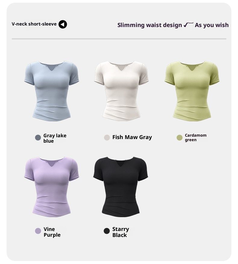 001 Juyitang Top sportivo da corsa da donna, con scollo a V, a maniche corte, ad asciugatura rapida, con arricciature, stile fitness, quasi invisibile_voghion.com