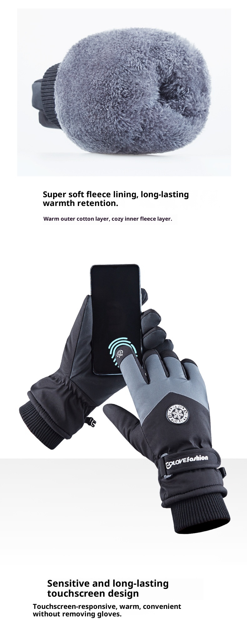 ActiveGo Fleece-Lined Thickened Winter Ski Outdoor Cycling Warm Touchscreen Non-Slip Unisex Lamb Wool Gloves_voghion.com