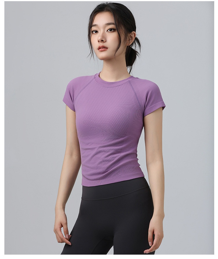 001 Maglietta sportiva da donna, attillata, dimagrante, a maniche corte, con scollo rotondo, traspirante, per corsa e pilates_voghion.com