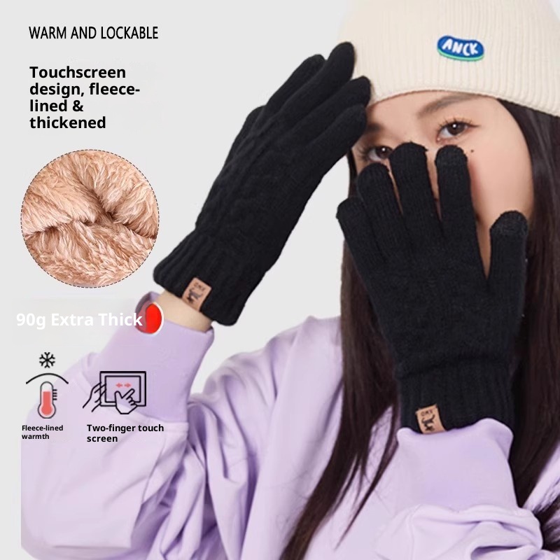 001 Solid Color Winter Outdoor Sports Skiing Cycling Knitted Wool Cold-Proof Warm Fingered Gloves_voghion.com