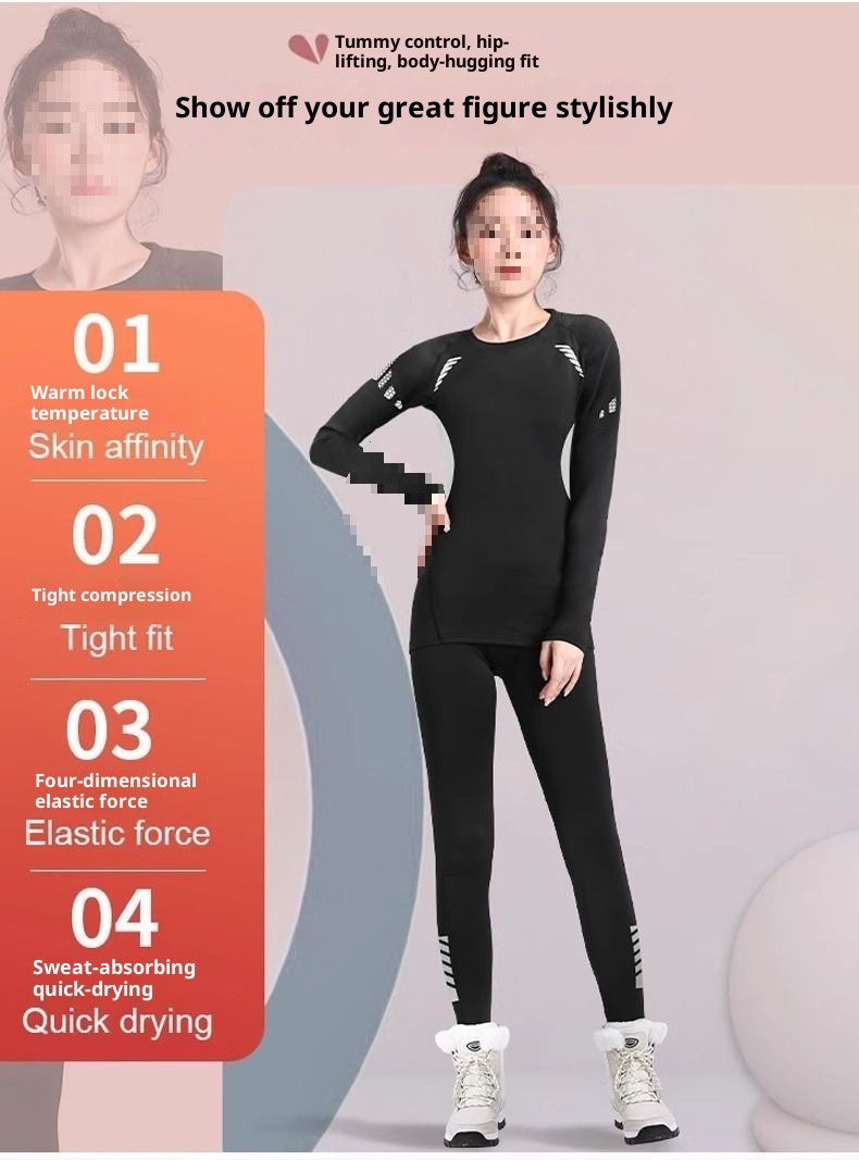 001 Quick-Dry Women's Ski Thermal Underwear Winter Fleece Outdoor Hiking Base Layer Long Sleeve Running Sports Set_voghion.com