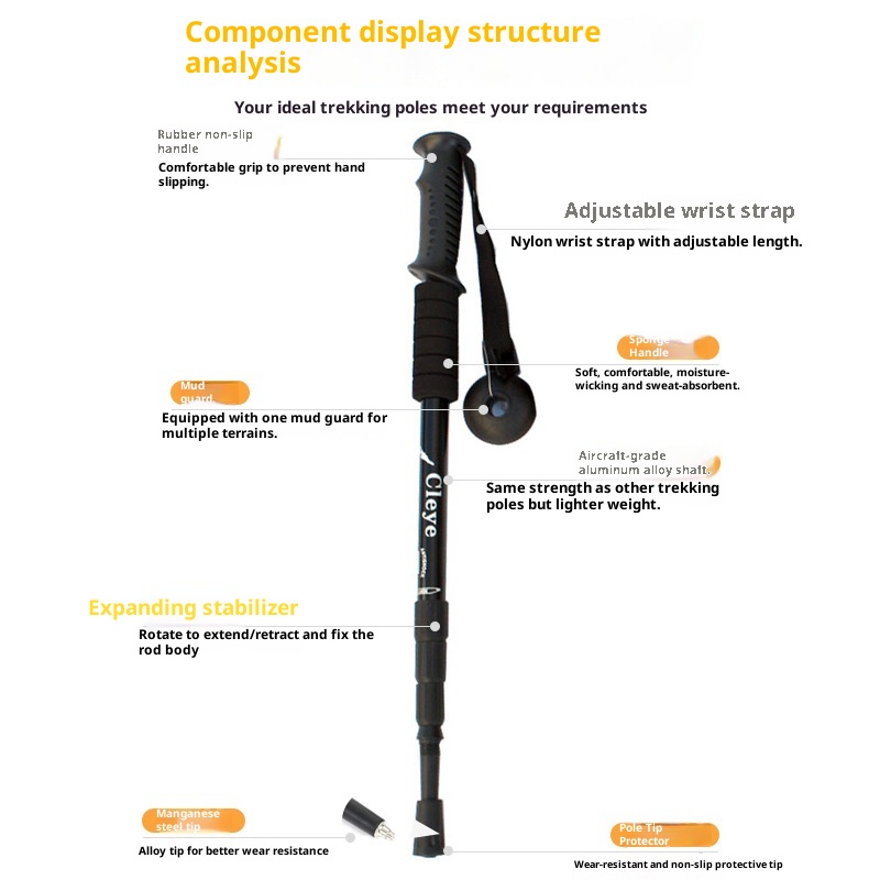 001 6061 Aviation Aluminum Alloy Cleye Outdoor Hiking Telescopic Trekking Pole Walking Stick Crutch Four Section Straight_voghion.com