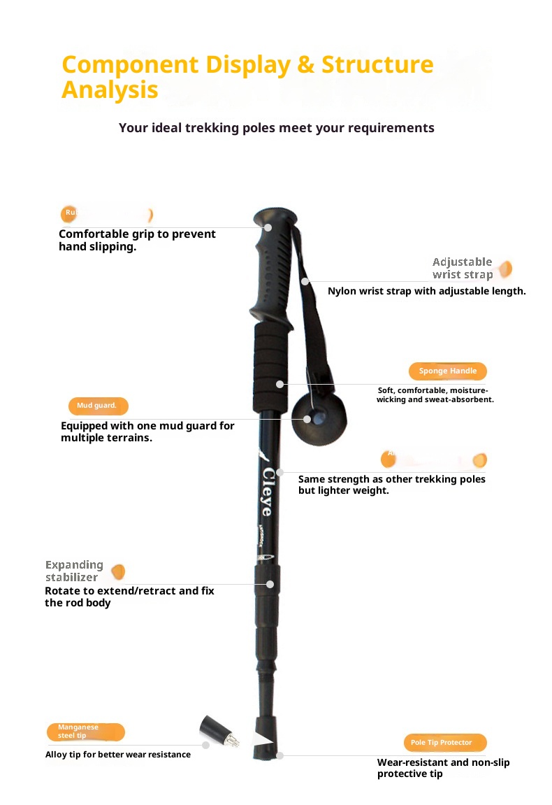 001 6061 Aviation Aluminum Alloy Cleye Outdoor Hiking Telescopic Trekking Pole Walking Stick Crutch Four Section Straight_voghion.com