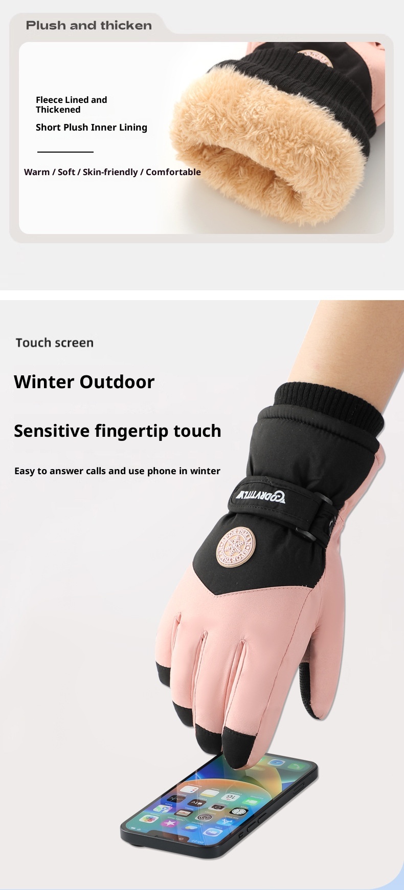 Gants de ski d'hiver tactiles pour femmes avec boucle anti-perte, gants de cyclisme chauds doublés en polaire épaisse et résistants au froid pour l'extérieur_voghion.com