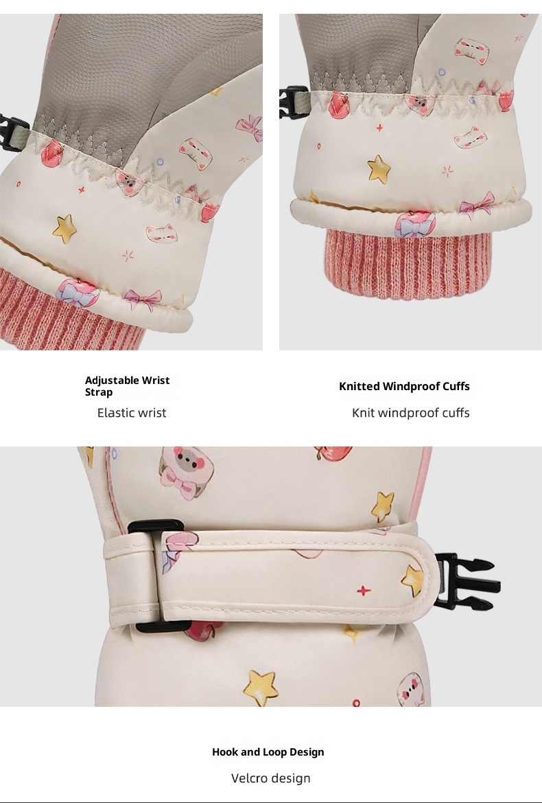 ActiveGo Cute Cat Ski Gloves For Women Winter Split Finger Outdoor Riding Windproof Waterproof Coldproof Fleece Lined Thickened_voghion.com